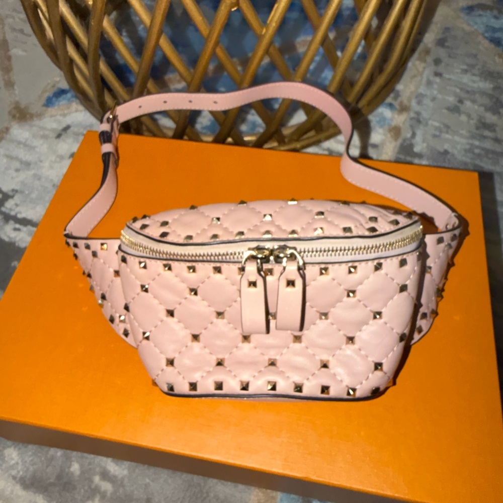 Valentino Garavani Pink Quilted Studded Leather Crossbody Belt Bag